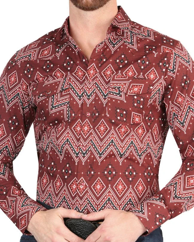 El General - Men's Burgundy Cowboy Shirt with Southwestern Patterns 44431
