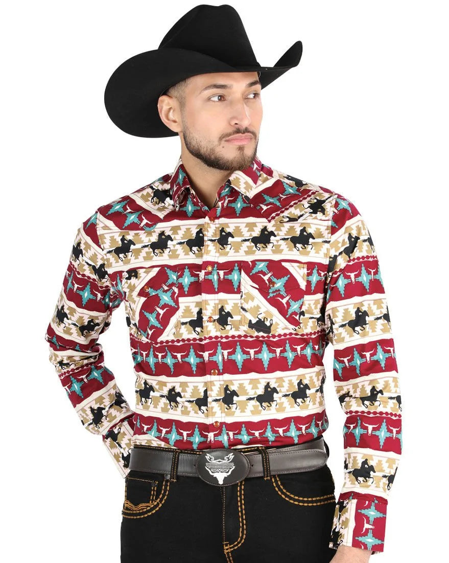El General - Men's Western Shirt with Cowboy Print in Red and Ivory 44476