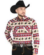 El General - Men's Western Shirt with Cowboy Print in Red and Ivory 44476