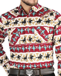 El General - Men's Western Shirt with Cowboy Print in Red and Ivory 44476