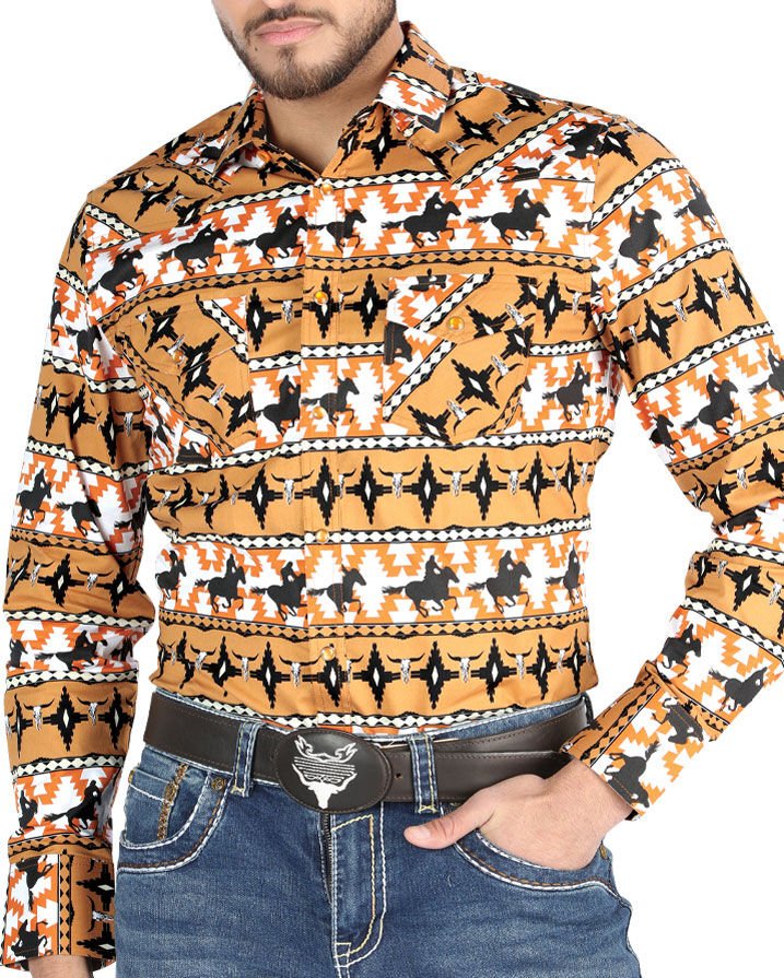 El General - Men's Taupe Western Shirt with Cowboy Print 44477
