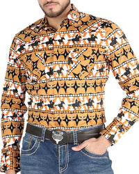 El General - Men's Taupe Western Shirt with Cowboy Print 44477
