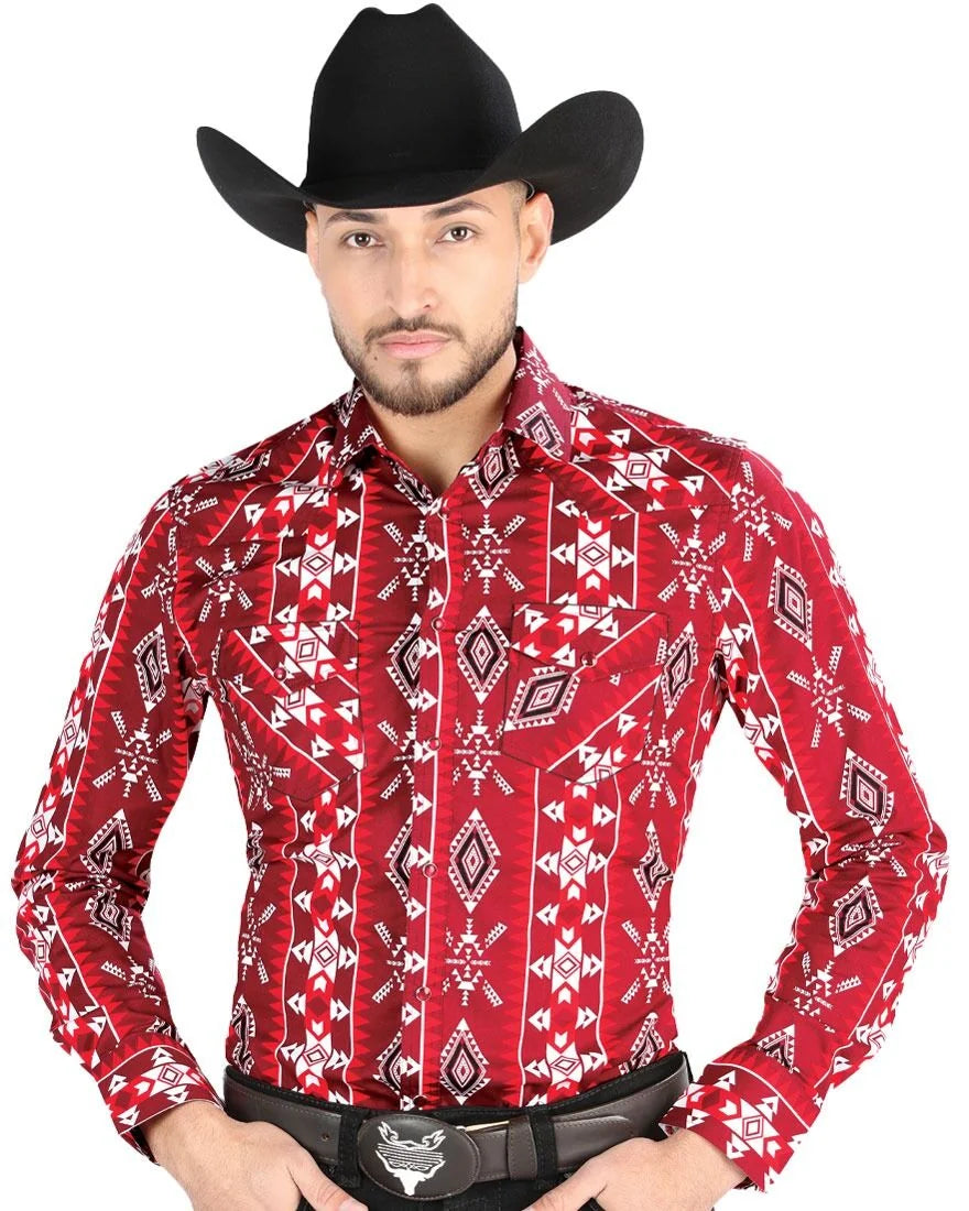 El General - Men's Red Western Shirt with Geometric Print 44504