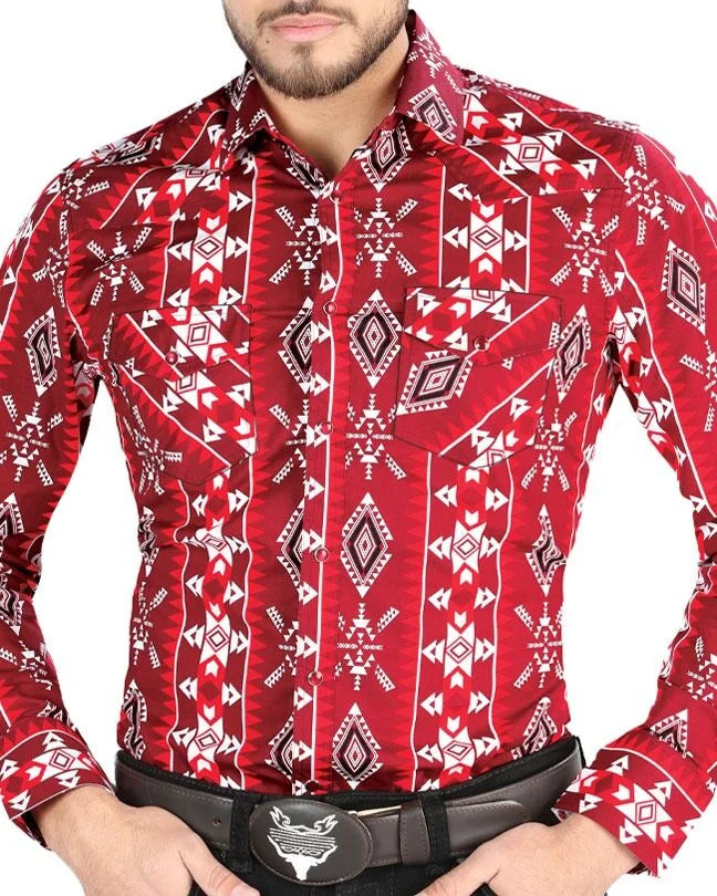 El General - Men's Red Western Shirt with Geometric Print 44504