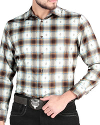 El General - Men's Western Shirt in Brown-Sand Plaid – Short or Long Sleeve 44700