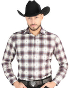 El General - Men's Western Shirt in Beige and Burgundy Plaid 44713