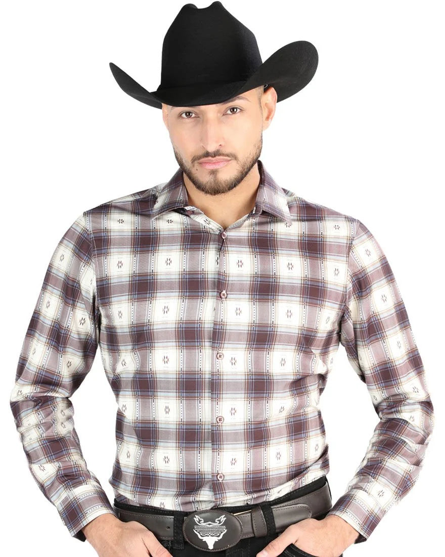 El General - Men's Western Shirt in Beige and Burgundy Plaid 44713