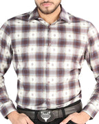 El General - Men's Western Shirt in Beige and Burgundy Plaid 44713