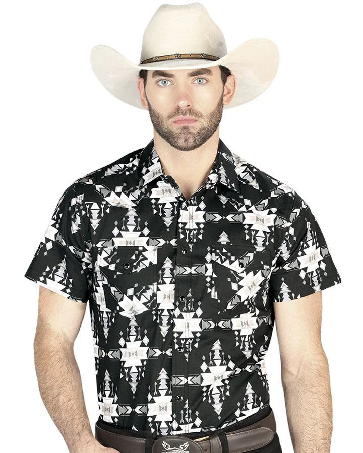 El General - Black Short-Sleeve Western Shirt with Tribal-Inspired Geometric Design 44447