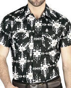 El General - Black Short-Sleeve Western Shirt with Tribal-Inspired Geometric Design 44447