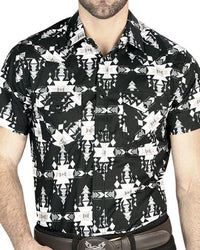 El General - Black Short-Sleeve Western Shirt with Tribal-Inspired Geometric Design 44447