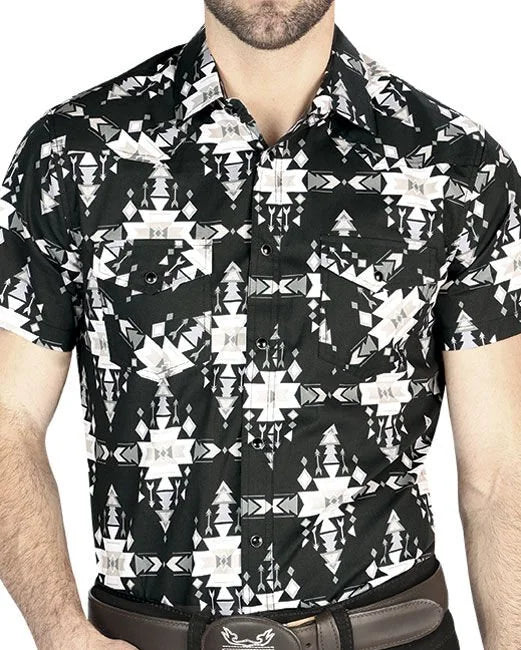 El General - Black Short-Sleeve Western Shirt with Tribal-Inspired Geometric Design 44447