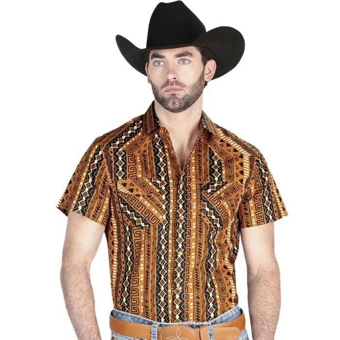 El General - Mustard Short-Sleeve Western Shirt with Aztec-Inspired Design 44455