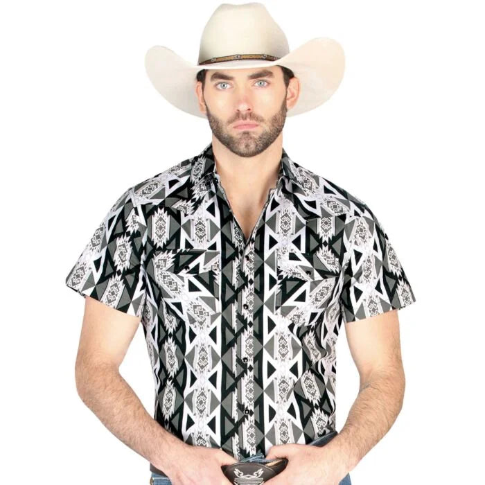 El General - Gray Short-Sleeve Western Shirt with Bold Geometric Design 44459