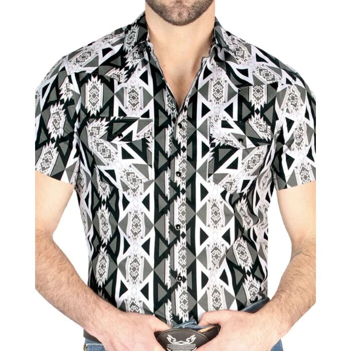 El General - Gray Short-Sleeve Western Shirt with Bold Geometric Design 44459
