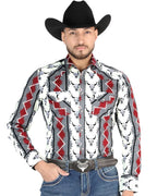 El General - Men's Ivory  Western Shirt with Cow Skull Print  44489