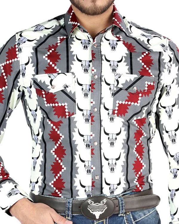 El General - Men's Ivory  Western Shirt with Cow Skull Print  44489