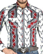 El General - Men's Ivory  Western Shirt with Cow Skull Print  44489