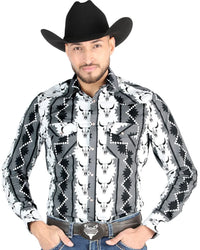 El General - Men's Black Western Shirt with Cow Skull Print –44491