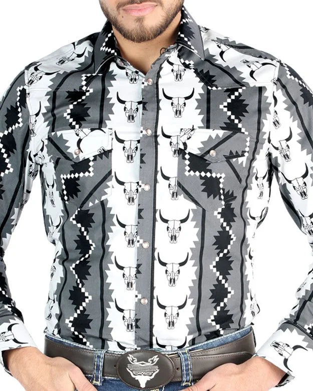 El General - Men's Black Western Shirt with Cow Skull Print –44491