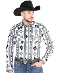 El General - Men's White Western Shirt with Geometric Print 44470