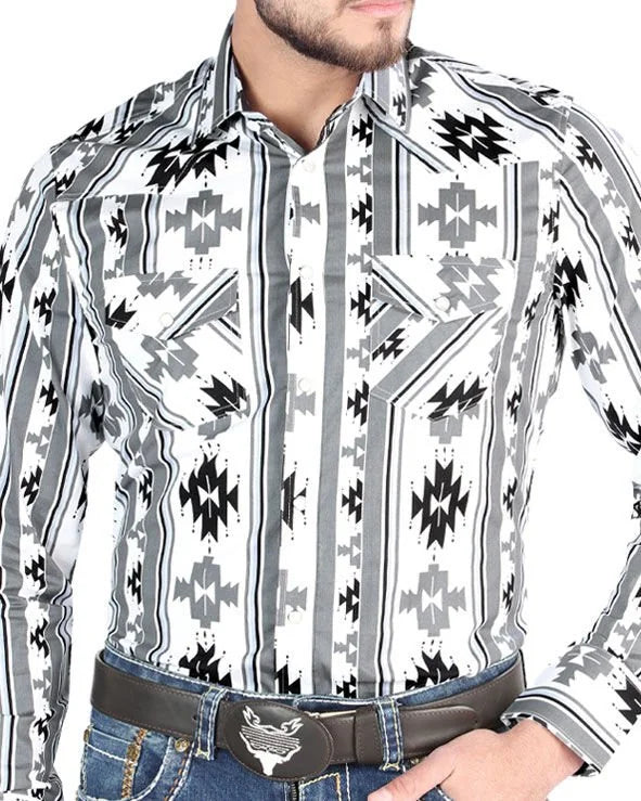 El General - Men's White Western Shirt with Geometric Print 44470