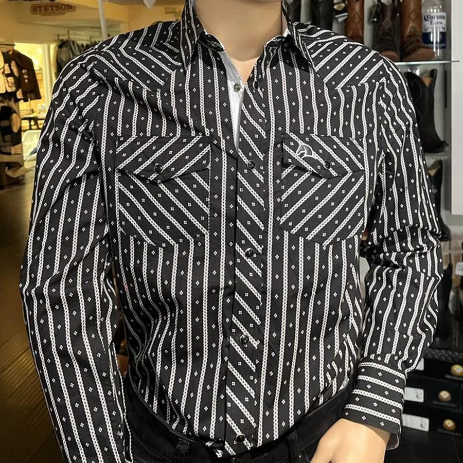 White Diamonds Boots - Men's Long Sleeve Striped Western Shirt - Black WD-841