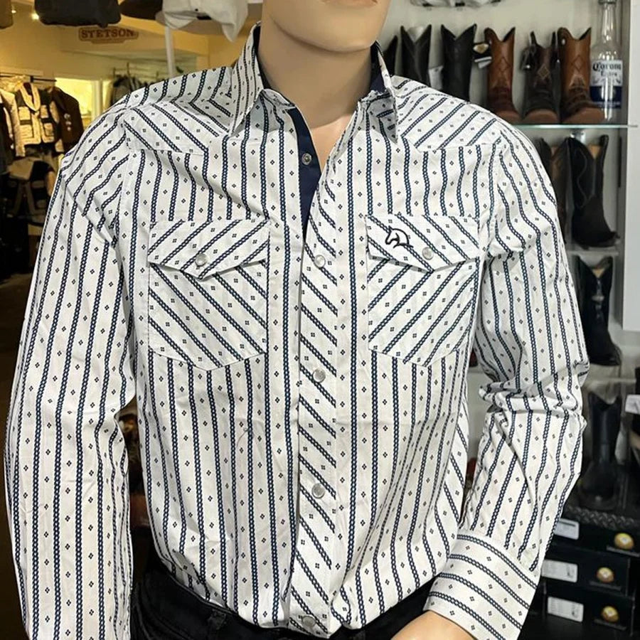 White Diamonds Boots - Men's  Long Sleeve  Striped Western Shirt - Black & White WD-839