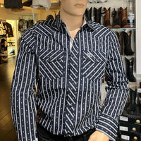 White Diamonds Boots - Men's  Long Sleeve  Striped Western Shirt - Dark Blue WD-838