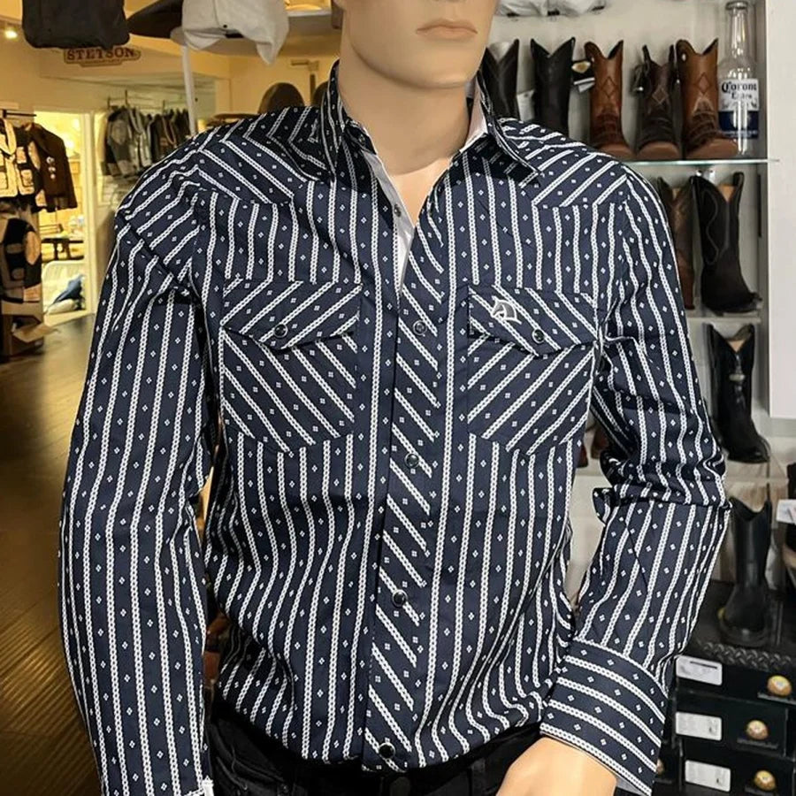 White Diamonds Boots - Men's  Long Sleeve  Striped Western Shirt - Dark Blue WD-838