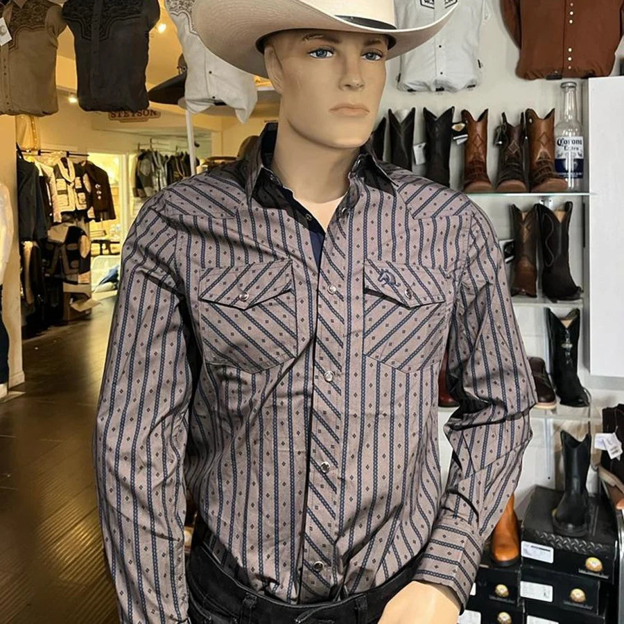 White Diamonds Boots - Men's  Long Sleeve  Striped Western Shirt - Dark Grey WD-840
