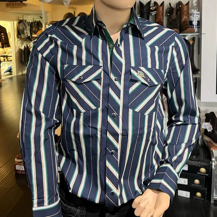 White Diamonds Boots - Men's  Long Sleeve  Striped Western Shirt -  Navy Blue WD-836