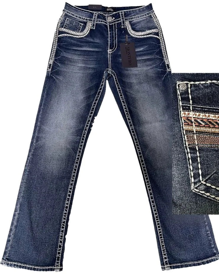 Men's Boot Cut Western Jeans – Stretch Denim Cowboy Pants – Med Blue 4595