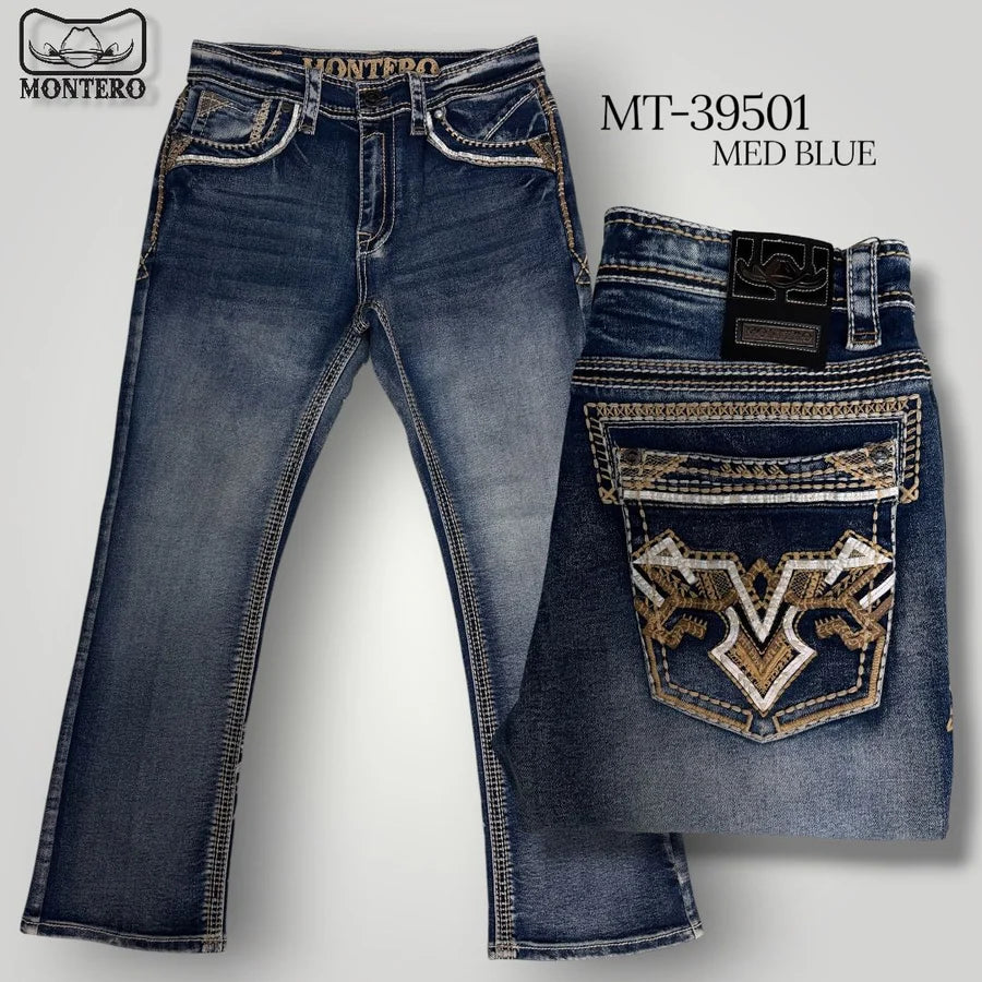 Men's Boot Cut Western Jeans – Stretch Denim Cowboy Pants - Blue MON 39501