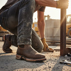 Person wearing leather boots and gloves on a construction site