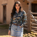 Women's Western Button Down Long Sleeve Shirt -GREEN/ BLACK RC 10