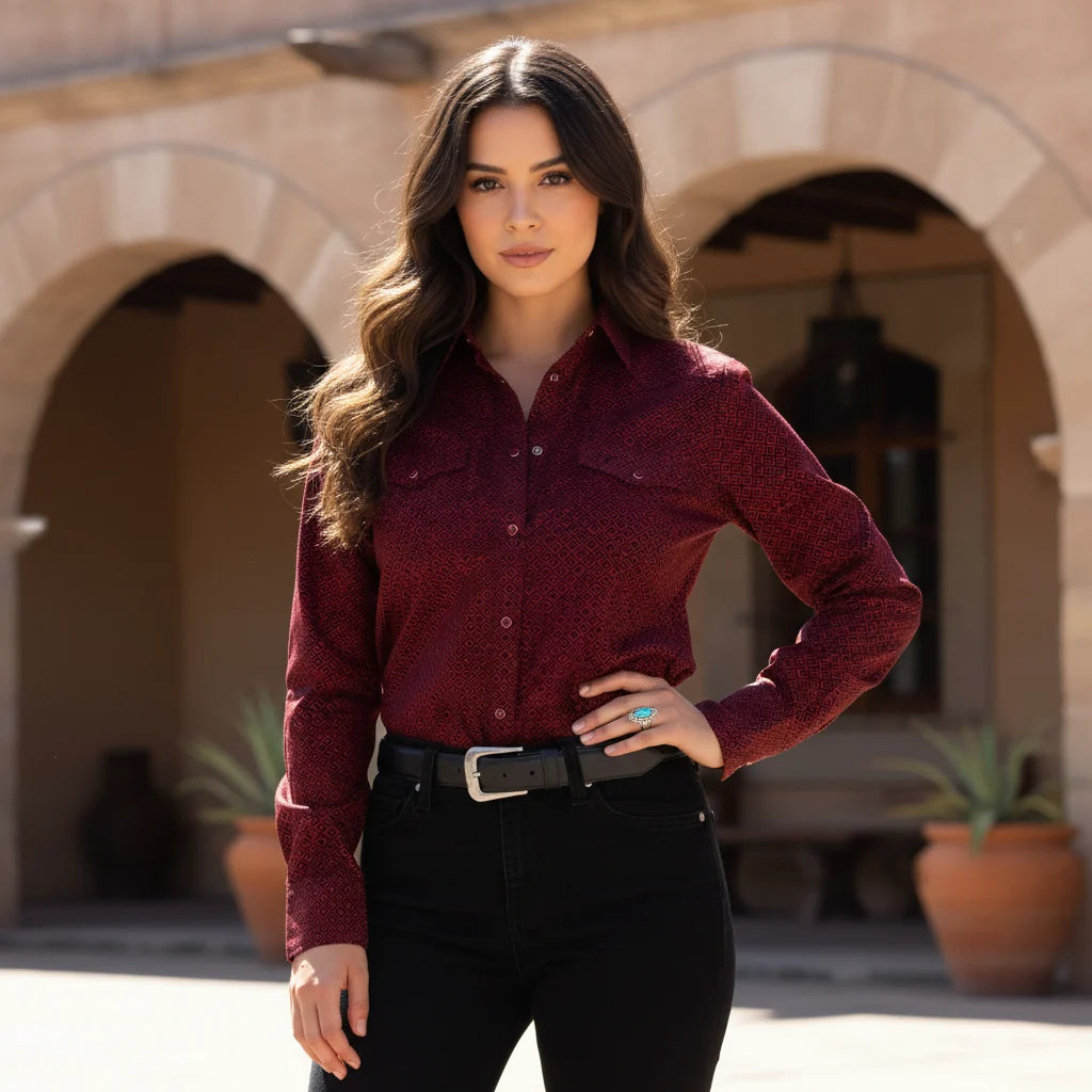 Women's Western Button Down Long Sleeve Shirt - RED RC 22