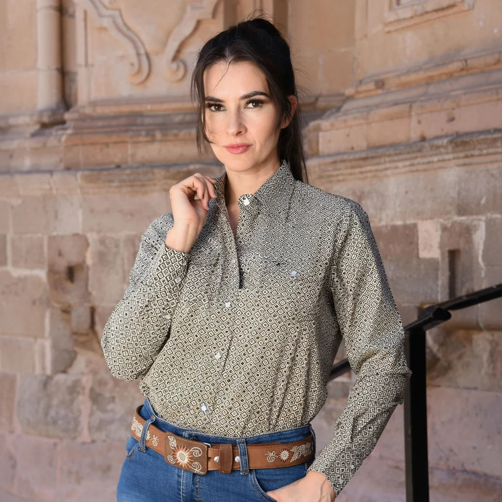 Women's Western Button Down Long Sleeve Shirt - TAN/WHITE  RC 21