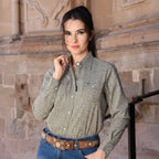 Women's Western Button Down Long Sleeve Shirt - TAN/WHITE  RC 21
