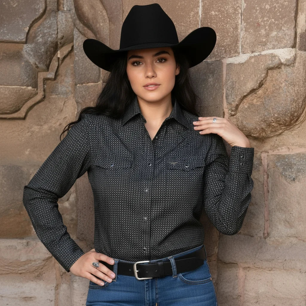 Women's Western Button Down Long Sleeve Shirt - BLACK RC 31