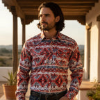 Men's Long Sleeve Snap Button Western Shirt - Red & White MC360