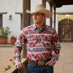 Men's Long Sleeve Snap Button Western Shirt - Red & White MC360