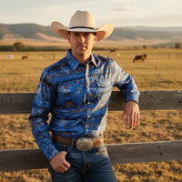Men's Western Button Down Long Sleeve Shirt - Blue MC360-16