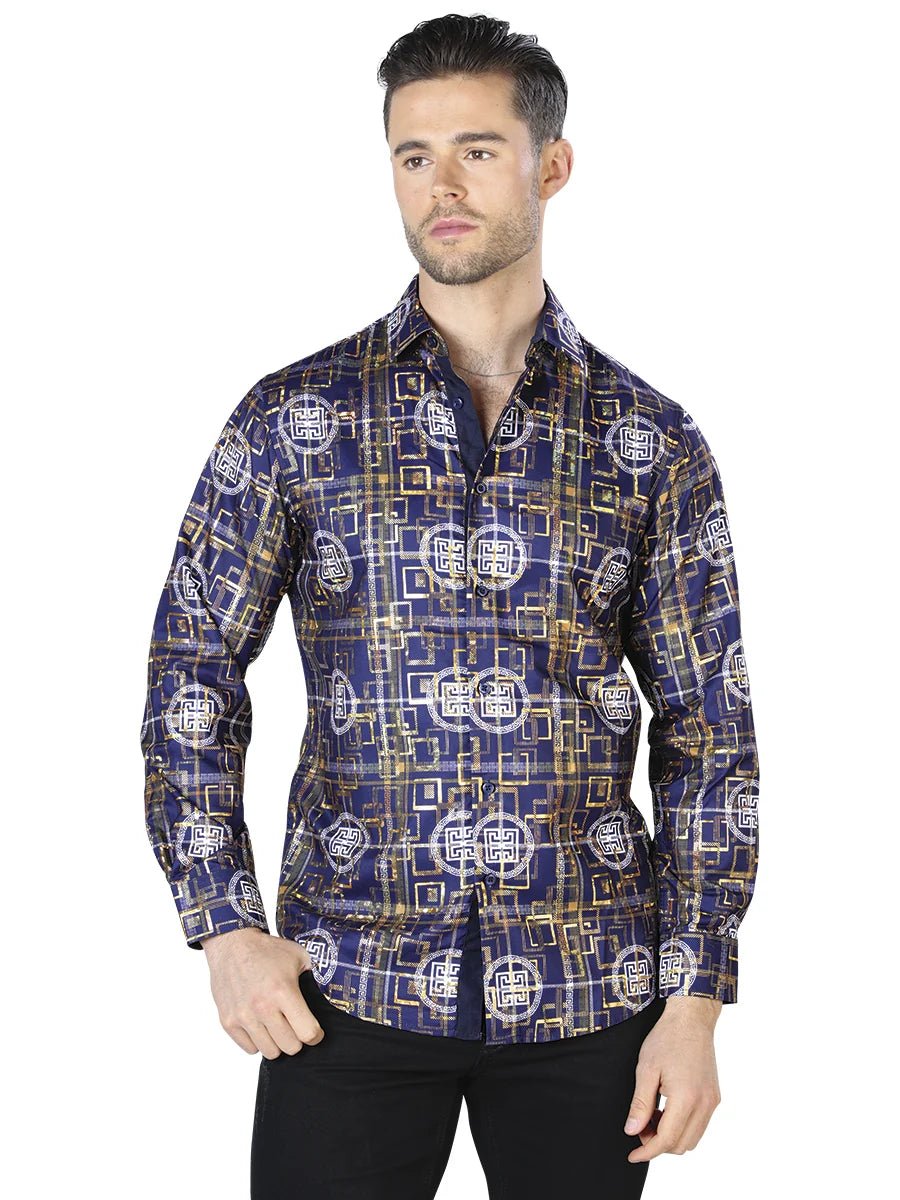 Navy And Gold Casual Long Sleeve Shirt 44014 - OriginalWestern.com