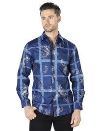 Navy And Silver Casual Long Sleeve Shirt 44026 - OriginalWestern.com
