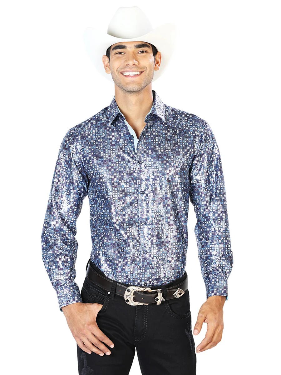 Navy Blue Casual Long Sleeve Shirt 43565 - OriginalWestern.com