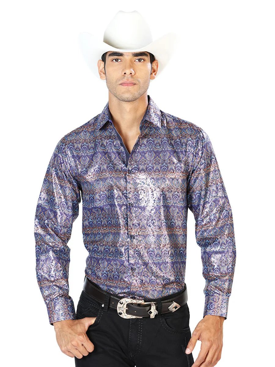Navy Blue Casual Long Sleeve Shirt 43567 - OriginalWestern.com