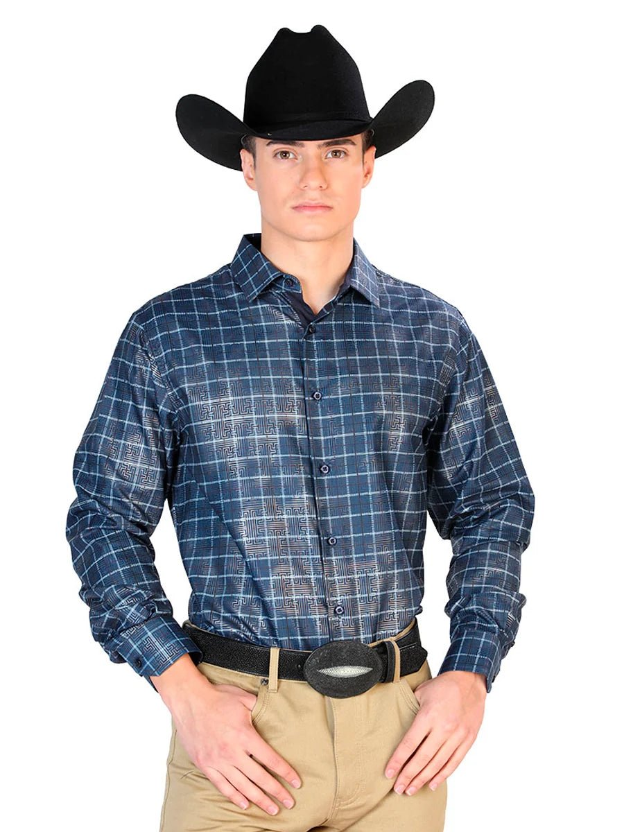 Navy Blue Casual Long Sleeve Shirt 43768 - OriginalWestern.com