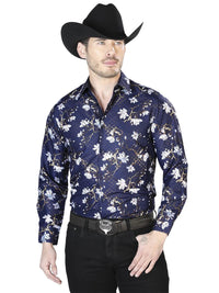 Navy Blue Casual Long Sleeve Shirt 43822 - OriginalWestern.com