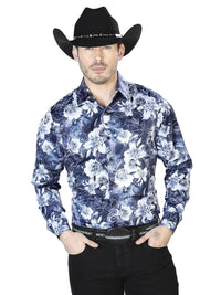 Navy Floral Print Casual Long Sleeve Shirt 43990 - OriginalWestern.com